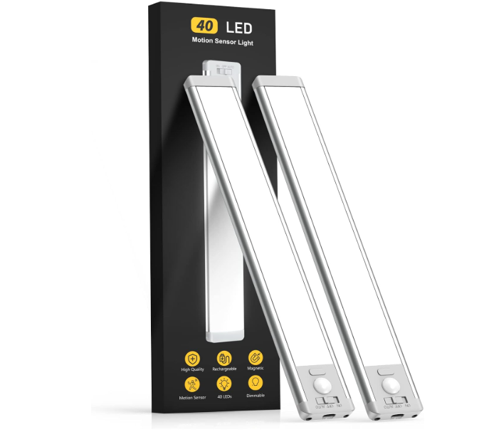 10inch Under Cabinet Lighting, 2 Pack Rechargeable Motion Sensor Light Indoor, 5 Levels Dimmable Magnetic Closet Lights, Wireless Under Counter Lights for Kitchen, Stairs