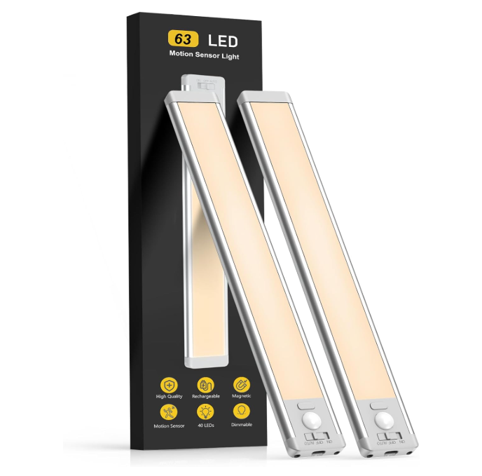 14.7inch Under Cabinet Lighting, 2 Pack Rechargeable Motion Sensor Light Indoor, 5 Levels Dimmable Magnetic Closet Lights, Wireless Under Counter Lights for Kitchen, Stairs,Hallway