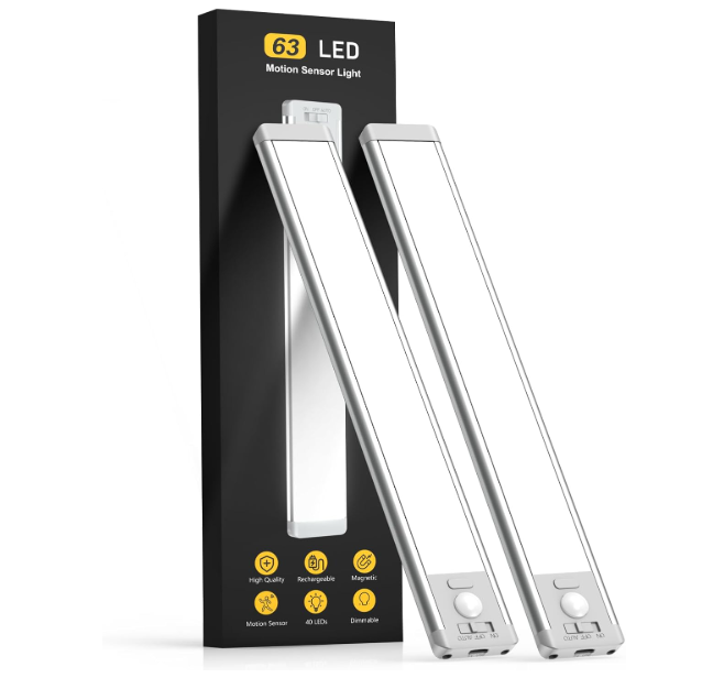Under Cabinet Lights, 63 LED Rechargeable Battery Operated Motion Sensor Light Indoor, 2 Pack Magnetic Dimmable Closet Lights, Wireless Under Counter Lights for Kitchen, Stairs,Hallway